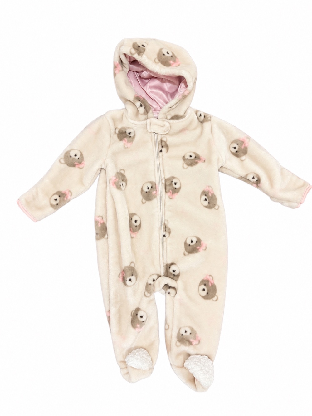 NEW Chick Pea Cozy Bear Print Hooded One-Piece in Cream and Pink